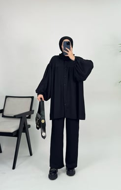 5147-bürümcük kumaş-pantolonlu tunik takım-siyah