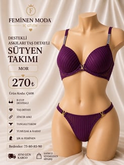 Ç608 - DESTEKLİ ASKILARI TAŞ DETAYLI SÜTYEN TAKIMI - MOR 