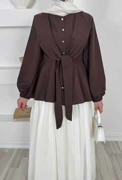 1342-poplin kumaş önden bağlamalı düğmeli  tunik-kahve