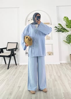 9314 - modal kumaş pantolonlu kimona ikili takım - bebe mavisi