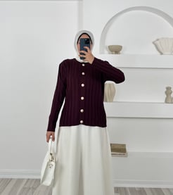 3204 kendinden çizgili etek üstü triko hırka-bordo