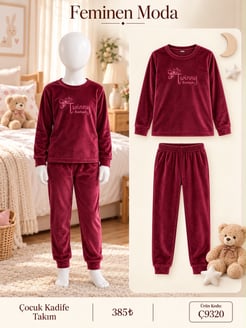 ç9321-kadife kumaş uzun kol çocuk  pijama takımı-bordo