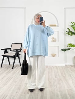 6325-oysho kumaş-fiyonk detaylı tunik-bebe mavisi
