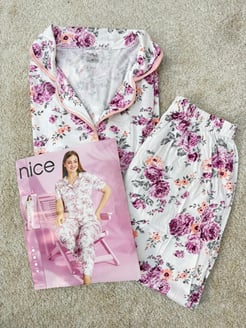 ç1534-milan kumaş büyük beden kısa kollu çiçekli pijama takımı -beyaz