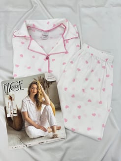 ç6901-bürümcük kumaş gömlek yaka kısa kollu pijama takımı-beyaz
