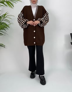 4943-Kolları çizgili triko hırka- acı kahve