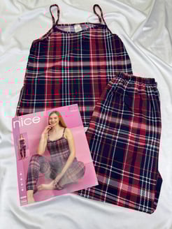 Ç4314 - milan kumaş ip askılı kareli pijama takımı - lacivert