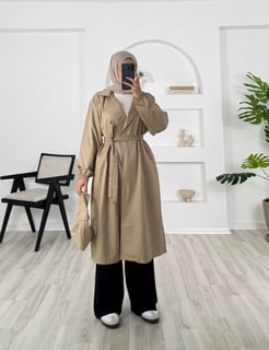 6702 - soft kumaş kolları lastikli trenç -sütlü kahve 