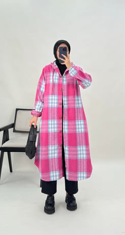 3257-oduncu kaşe kumaş-kare desenli boydan düğmeli kap-pembe
