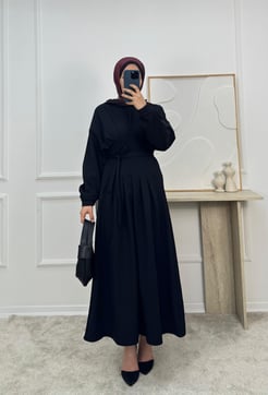 1479-dabıl krep kumaş bağlamalı elbise-siyah