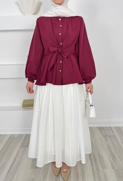 1342-poplin kumaş önden bağlamalı düğmeli  tunik-bordo