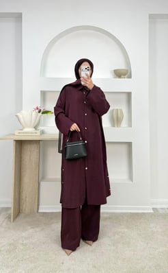6111-modal kumaş dügme detaylı pantolonlu takım-bordo