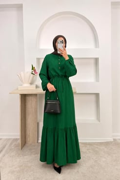 1187-nada kumaş beli büzgülü düğmeli elbise-yeşil