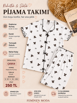 ç6954-raporlı kısa kol gömlek yaka ayıcıklı pijama takımı-beyaz