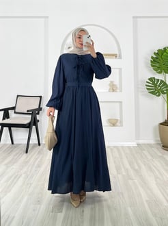 8756-wrn kumaş-önü bağlamalı beli lastikli balon kol elbise-lacivert