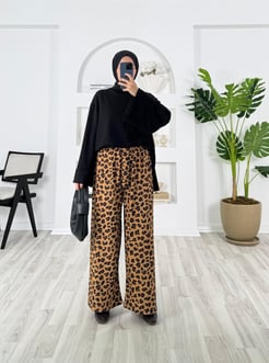 7552-bürümcük kumaş-beli lastikli leopar desenli pantolon-sütlü kahve