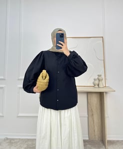 5837-soft poplin kumaş balon kol gömlek-siyah