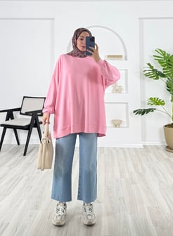 5236-oysho kumaş-balıkçı yaka düz model tunik-pembe