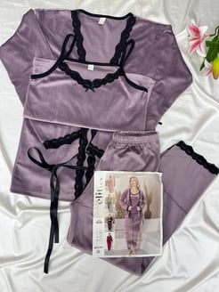 ç8550-kadife 3lü pijama takımı-mor