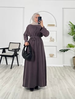 8693 - düz kesim kuşaklı dokuma cupra kumaş elbise -mürdüm 