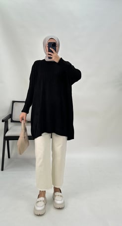 3157-çizgi detaylı triko tunik-siyah
