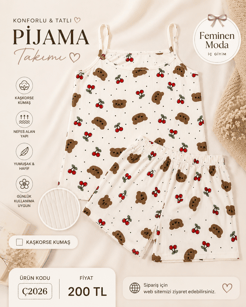 ç2026-kaşkorse kumaş ip askılı şortlu ayıcık desenli  pijama takımı-beyaz