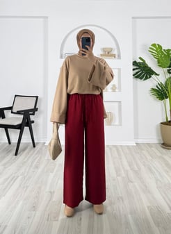 2502-keten kumaş-beli lastikli pantolon-bordo