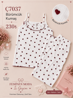 ç7037-bürümcük kumaş ip askılı kalpli pijama takımı-beyaz