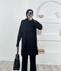 1694 - soguk iplik kumaş kolları dugme detaylı triko tunik - siyah