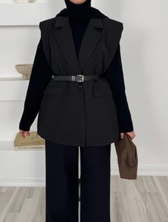 9824-vatkalı blazer kemerli yelek-siyah