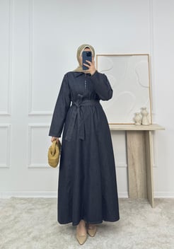 1548- kot kumaş kemerli elbise- antrasit