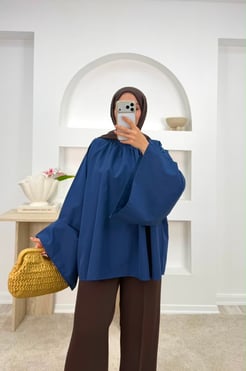 8875-terikoton kumaş balon kol tunik-lacivert