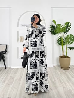 8566-viskon kumaş-etnik desenli kemerli elbise-beyaz