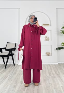 4269-pamuk ayrobin kumaş-yaka ve kol ucu boncuk detaylı pantolonlu takım-fuşya