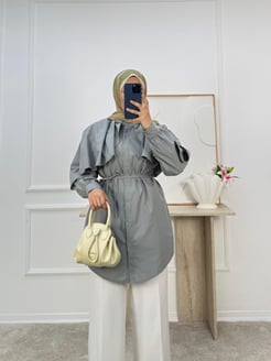 1948-terikoton kumaş pelerinli tunik-gri 