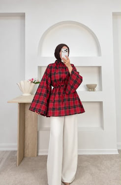 6699-ekose kumaş tunik-kırmızı 
