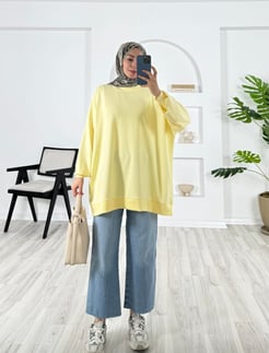 5236-oysho kumaş-balıkçı yaka düz model tunik-sarı