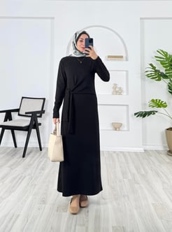 79315 - oysho kumaş önden baglamalı elbise - siyah