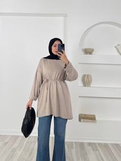 9704 kristal kumaş kolları katlama detaylı yanları yırtmaçlı tunik-taş