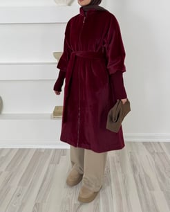 70040 fox kumaş astarlı kuşaklı kaban-bordo