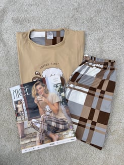 ç6655-milan kumaş kısa kollu ayıcıklı pijama takımı-sütlü kahve 