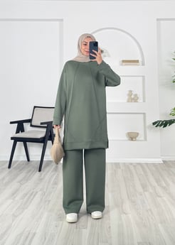 7321 -oysho kumaş önü çımalı bol paça pantolonlu takım - yeşil