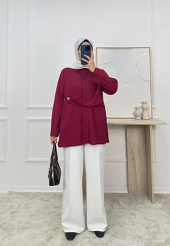 1316-terikoton kumaş önü dügme detaylı tunik-bordo 