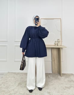 1338-terikoton kumaş kuşaklı tunik-lacivert