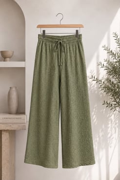 0066-babıl kumaş beli lastikli pantolon-yeşil 