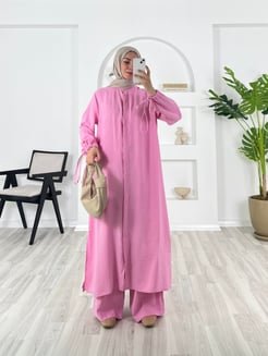 2386 - bilekleri ipli uzun tunikli cappicino ikili takım - pembe 