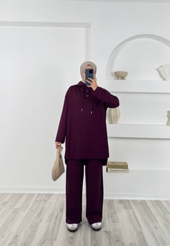 5616-oysho kapüşonlu ikili takım-bordo