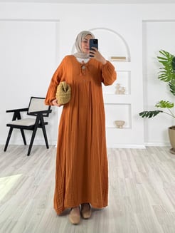 7611 - müslin kumaş önü dügmeli elbise - turuncu