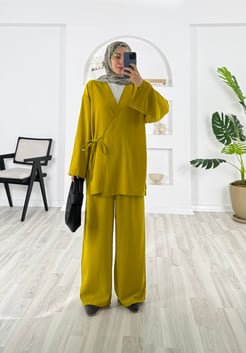 6383-cupra kumaş-üstü kimono pantolonlu takım-yağ yeşili