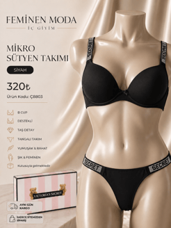 ç8803-destekli askıları taş sütyen takımı-siyah(kutulu ürün)